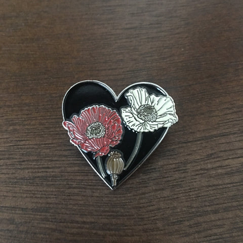 Opium Poppy flowers on a Black Heart Pin